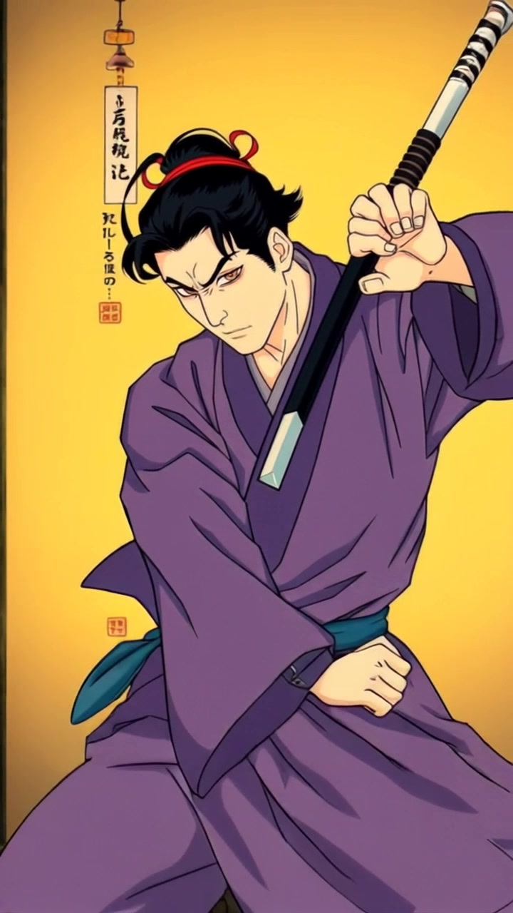 Subject: Musashi no Kage in a fierce battle stance, preparing to fight an unseen opponent with a determined expression. Subject movement: He shifts slightly, flexing his muscles as if bracing for action. Scene: An ancient Japanese dojo surrounded by flickering candles, conveying tension and anticipation. Style: Dramatic lighting with deep shadows creating a moody atmosphere, emphasizing the intensity of the confrontation. Motion: The camera performs a slow dolly in towards Musashi, capturing the intensity of his expression while the background blurs slightly, heightening the focus on his poised readiness.
