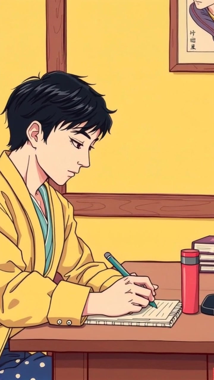Subject: A person seated at a desk, deeply immersed in writing. Scene: A cozy study filled with books and warm lighting, sunlight streaming through a window. Motion: The camera slowly pushes in on the subject, capturing the focus on the notebook as the pen glides across the page, the surroundings softly blurring, creating an intimate atmosphere.
