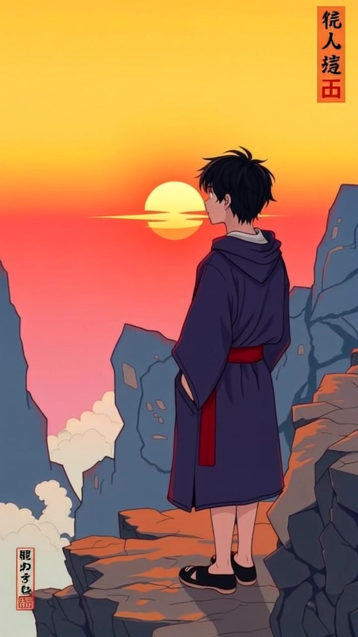 Subject: A figure standing on a rocky cliff. Subject movement: The figure stands resolutely, gazing at the horizon as the sun begins to set. Scene: A rugged cliffside with a wide view over the ocean, bathed in the warm hues of sunset. Style: The lighting is soft and warm, with vibrant orange and purple tones painting the sky. Motion: Camera performs a slow, dramatic push-in towards the figure, emphasizing the vastness of the landscape behind him.