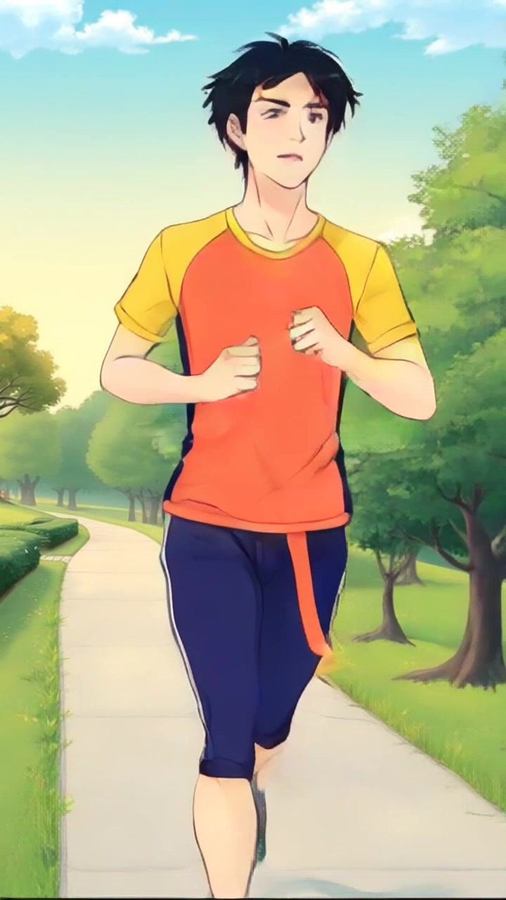 Subject: A person jogging energetically along a scenic path through a lush park, surrounded by greenery and trees. Subject movement: The jogger strides forward, legs pumping and arms swinging rhythmically in a steady pace. Scene: A picturesque park with verdant trees lining a winding path, dappled sunlight filtering through the leaves, casting playful shadows on the ground. Style: Bright, natural lighting capturing the vibrancy of the outdoors during a sunny morning. Motion: The camera follows the jogger from a low angle, gliding alongside the path, then pulling back to reveal the expanse of the park, creating a sense of motion and freedom.