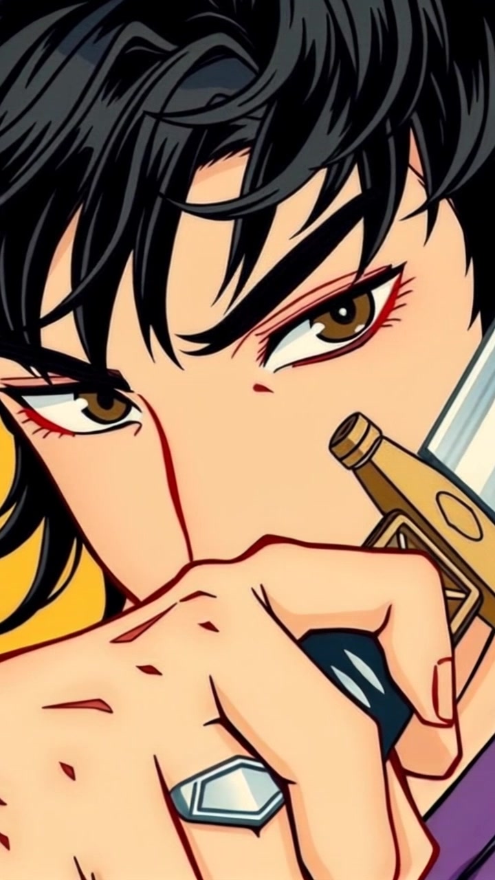 Subject: A determined figure gripping a sword tightly, showcasing intense focus. Scene: Close-up shot of a warrior's face, revealing the emotional turmoil and concentration as he stands ready for battle. Motion: The camera slowly pushes in on the face, capturing the details of determination in the hero's expression while softly blurring the background, creating a sense of intimacy. Lighting: Dramatic, low-key lighting emphasizes the contours of his face, casting deep shadows that heighten the emotional tension.