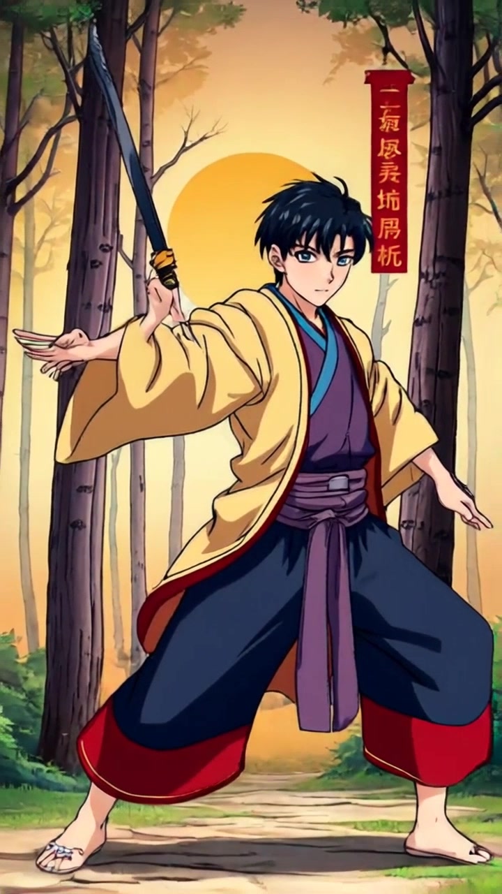 Subject: A young samurai practicing with a katana. Subject movement: The samurai performs graceful, fluid strikes, showcasing mastery and focus. Scene: A tranquil forest clearing surrounded by tall, lush trees, dappled sunlight filtering through the leaves. Style: Soft afternoon light creates a serene and peaceful atmosphere. Motion: The camera tracks smoothly around the samurai, capturing a dynamic perspective of his movements, while the sounds of nature enhance the setting.