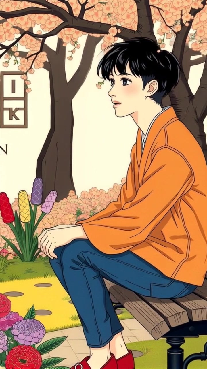 Subject: A person sitting on a bench. Subject movement: The individual is contemplatively looking around, gently swaying slightly as a breeze passes. Scene: A sunny park filled with blooming flowers, creating a vibrant and serene atmosphere. Style: Bright, natural sunlight illuminating the colorful petals, with soft shadows enhancing the textures of the flowers. Motion: The camera performs a smooth, flowing push-in towards the individual, capturing their thoughtful expression amidst the tranquil beauty of the park.