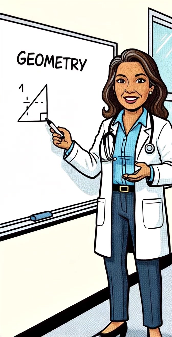 Subject: A female doctor enthusiastically pointing at a whiteboard that displays the word "GEOMETRY" along with a right angle triangle diagram. Subject movement: She stands still for a moment before smiling warmly and gesturing towards the board. Scene: Classroom setting with a bright window showing lush greenery outside, creating an inviting atmosphere. Style: Natural, warm lighting that enhances the cheerful mood of the classroom. Motion: The camera performs a gentle push-in, focusing on her engaging expression as she points, then subtly pans to reveal the whiteboard and the vibrant greenery outside.