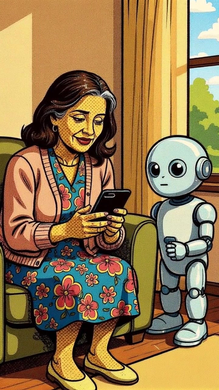 Subject: A woman sitting in a green armchair. Subject movement: She glances up from her smartphone to smile at the robot. Scene: Cozy living room with a bright window showcasing a sunlit outdoor scene. Style: Bright, cheerful lighting creating an inviting atmosphere. Motion: The camera slowly pushes in on the woman as she interacts with the robot, capturing her joyful expression and the warm ambiance of the room.