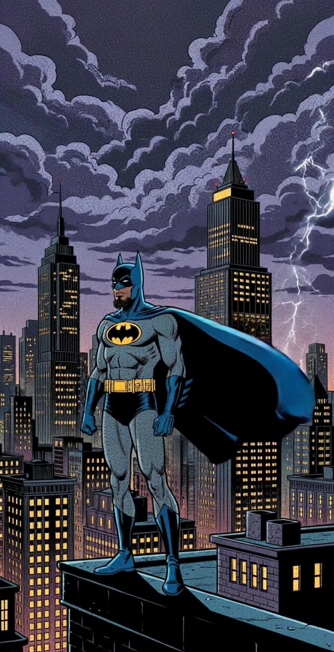 Subject: A muscular superhero stands confidently on a rooftop, gazing over a sprawling cityscape as a storm brews in the sky. Scene: Rooftop overlooking a luminous city at dusk, thunderous clouds swirling above and lightning flashing in the distance, creating a dramatic ambiance. Lighting: Intense and moody, with a contrast between the illuminated buildings and the dark, stormy sky. Motion: The camera begins with a close-up on the superhero's determined expression, then slowly pulls back to reveal the grandeur of the city below, accompanied by the flickering light of the storm.