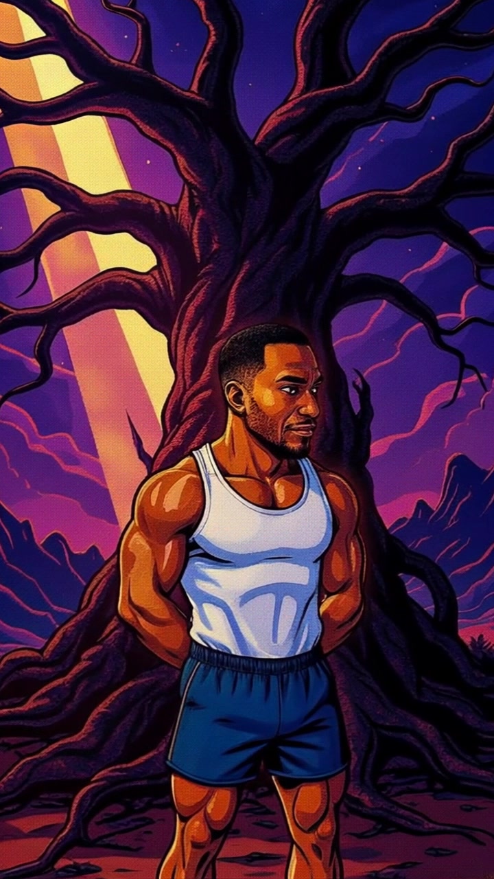 Subject: A young man standing in front of a venerable tree, lost in thought. Subject movement: He shifts slightly from side to side, the wind gently rustling his clothing. Scene: A peaceful woodland setting, dappled sunlight filtering through the leaves of the old tree. Style: Soft ambient light creates a serene atmosphere, enhancing the tranquility of the surroundings. Motion: The camera performs a slow push-in, focusing on his contemplative expression and then panning gently to showcase the impressive tree and the beauty of the woodland.