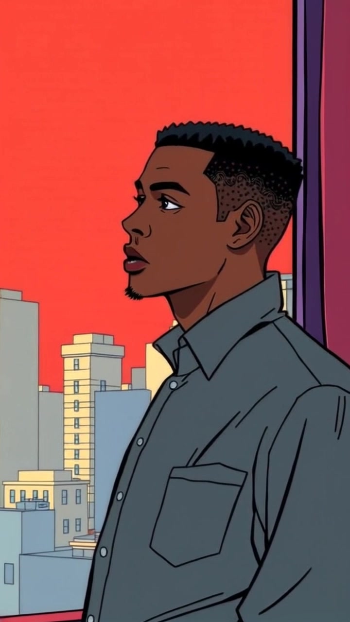 Subject: A figure standing solemnly at a window, gazing out at the sprawling cityscape below. Scene: Urban setting with a panoramic view of the city, skyscrapers stretching into the distance, casting long shadows. Style: Soft morning light filtering through the window, creating a calm and introspective atmosphere. Motion: The camera slowly pushes in on the figure, capturing the subtle tension in their posture, while the distant city buzzes quietly in the background.