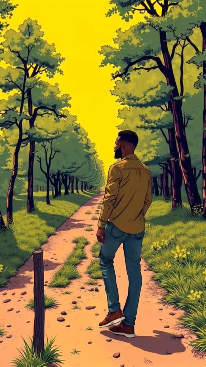 Subject: A person walking along a dirt path. Subject movement: The person strides leisurely, enjoying the sunlight filtering through the trees. Scene: A peaceful forest path, dappled sunlight casting playful shadows on the ground, surrounded by lush greenery. Style: Bright, warm sunlight enhancing the vivid colors of the foliage and earthy tones of the path. Motion: Camera follows closely behind the person, gently tracking their steps as they move forward, creating an immersive sense of journey.