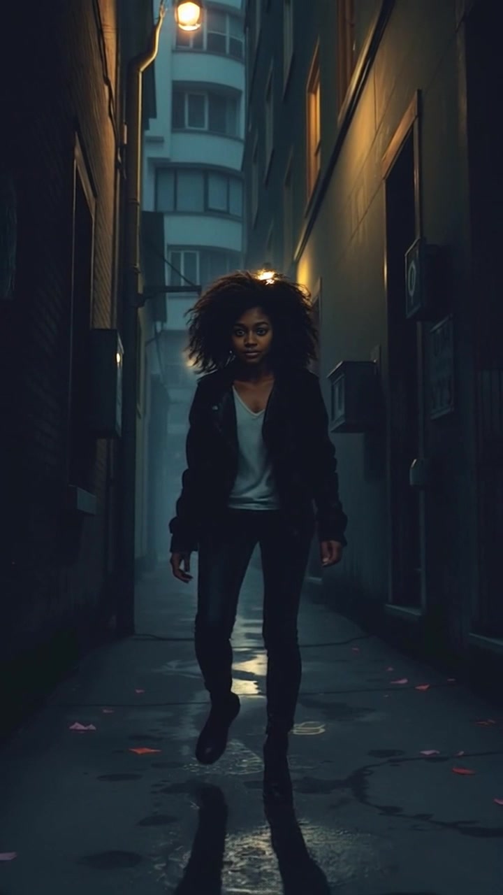 Subject: A dark silhouette of a person walking cautiously. Subject movement: The silhouette moves slowly and apprehensively down a dimly lit alley. Scene: Dimly lit alley surrounded by tall, looming buildings, with shadows dancing along the walls. Style: Moody, low-light atmosphere filled with tension and uncertainty. Motion: Camera follows from behind, capturing the small shuffles of the figure's steps while subtly panning to reveal the shadowy figure trailing closely behind.