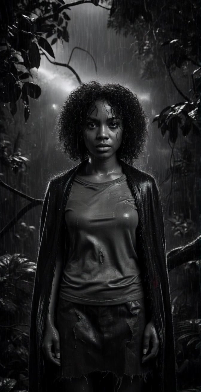 Subject: A young woman with curly hair, standing still. Scene: A dark, rainy forest at night, with a wet and torn outfit and a cloak, illuminated by flashes of lightning in the background. Style: Moody light from the storm, creating an atmosphere of tension and drama. Motion: Camera slowly pushes in on the figure, capturing the intensity of the surrounding storm as lightning illuminates her expression and the wet foliage around her.