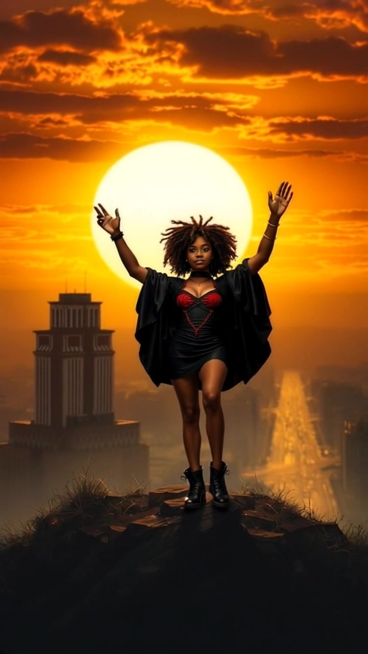Subject: A figure standing triumphantly on a hilltop. Subject movement: The figure stands still, arms raised in victory, gazing at the expansive landscape below. Scene: A breathtaking sunset backdrop casts vibrant hues across the sky, framing the silhouetted figure against the rich colors of dusk. Style: Warm, golden light reflecting off distant hills, creating a serene yet powerful atmosphere. Motion: Camera starts with a close-up on the figure, then slowly pulls back to reveal the vastness of the hilltop and the horizon beyond, emphasizing the sense of triumph.