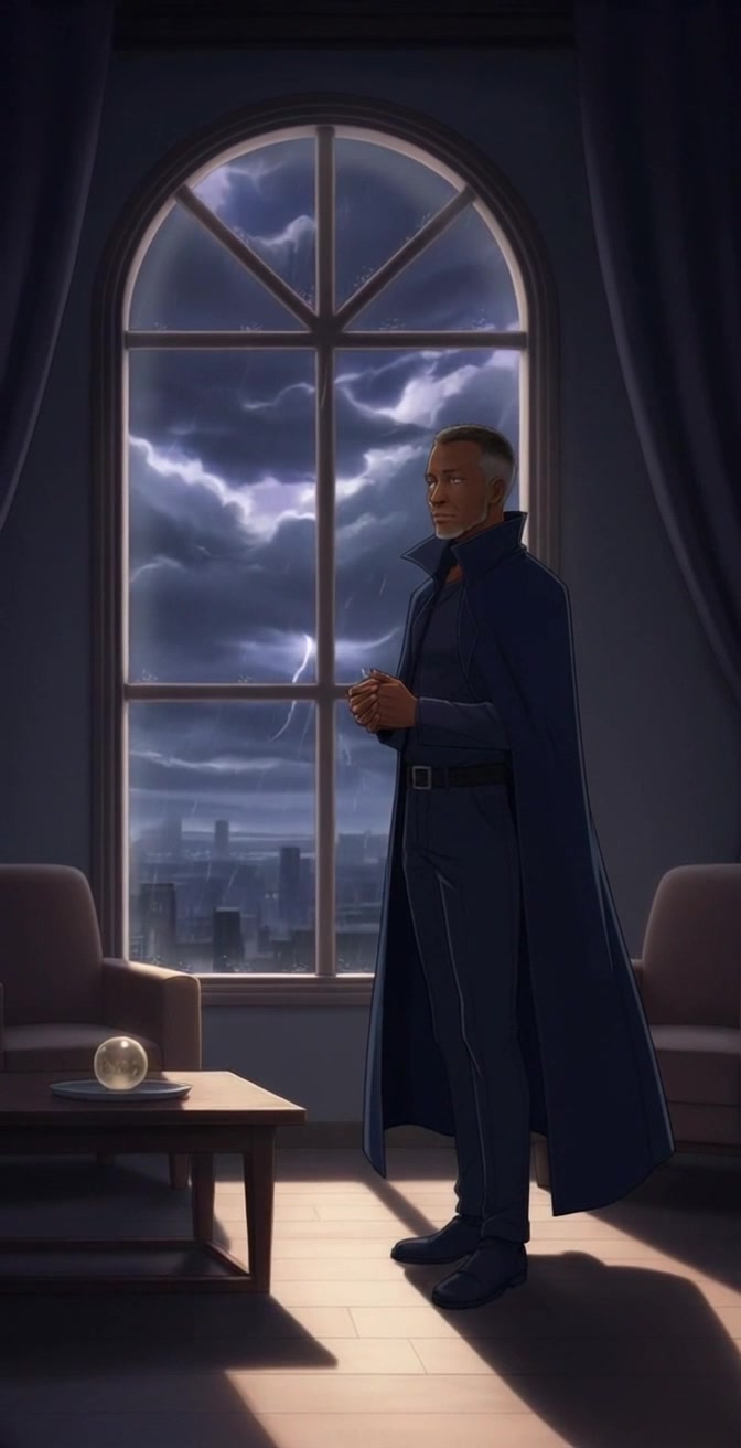 Subject: A serious man in a dark cloak gazing out at a stormy cityscape. Scene: Inside a dimly lit room with a large arched window, rain pouring heavily outside as lightning illuminates the skyline. Motion: Camera starts with a close-up of the man's contemplative expression, then pulls back to reveal the dramatic view of the stormy city as the thunder rumbles in the background, enhancing the atmosphere of intensity and suspense.