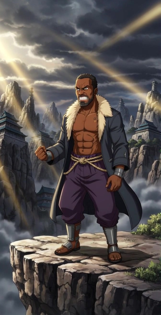 Subject: A muscular man standing on a rocky cliff edge. Subject movement: He shifts slightly, gazing intensely into the distance. Scene: A rugged mountainous landscape with ancient buildings looming in the background, illuminated by shafts of sunlight breaking through ominous dark clouds. Style: Dramatic lighting enhancing the contrast between shadows and beams of light, creating a sense of depth and majesty. Motion: The camera slowly zooms in on the subject, accentuating the raw emotion on his face while revealing the breathtaking scenery, as the winds whip around him, adding to the tension of the moment.