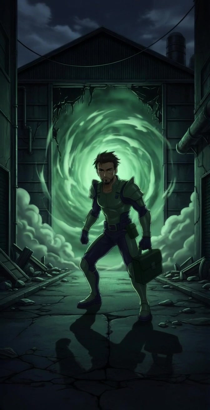 Subject: A determined man in futuristic armor standing still in a dark alley. Scene: The man holds a briefcase, positioned against cracked pavement and illuminated by a glowing green swirling portal behind him. Style: Low-key lighting with a mysterious atmosphere amplified by the eerie glow of the portal behind him. Motion: Camera begins with a close-up of the man before dramatically pulling back to reveal the full scene, enhancing the sense of isolation and intrigue.
