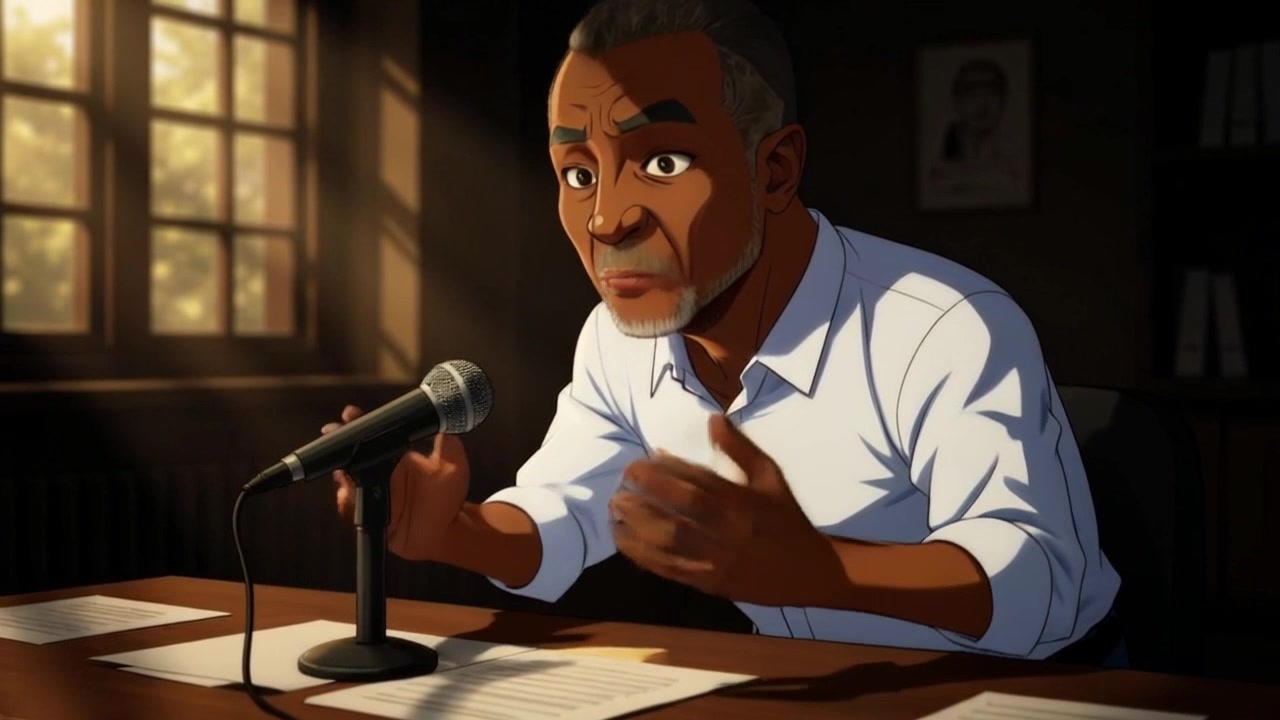 Subject: An animated man with gray hair and a beard, fiercely expressing his thoughts into a microphone. Subject movement: He gestures emphatically, conveying a sense of urgency and frustration. Scene: A dimly lit room filled with scattered papers, revealing a window that adds a subtle glow from outside. Style: Low ambient light emphasizes the man's features, creating a tense atmosphere. Motion: The camera slowly zooms in on his face as he speaks passionately, capturing the intensity of his expression while the backdrop remains slightly blurred.
