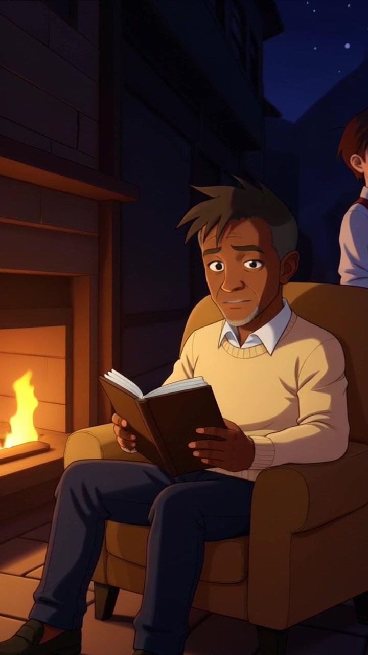 Subject: A person comfortably seated in a cozy armchair, deeply engrossed in reading a book next to a warm, flickering fireplace. Scene: Intimate living room setting bathed in soft, warm light, with the gentle glow of the fire creating a cozy atmosphere. Motion: The camera smoothly pushes in closer to the reader, capturing the serenity of the moment, while softly focusing on the book's pages as they turn in a gentle breeze.