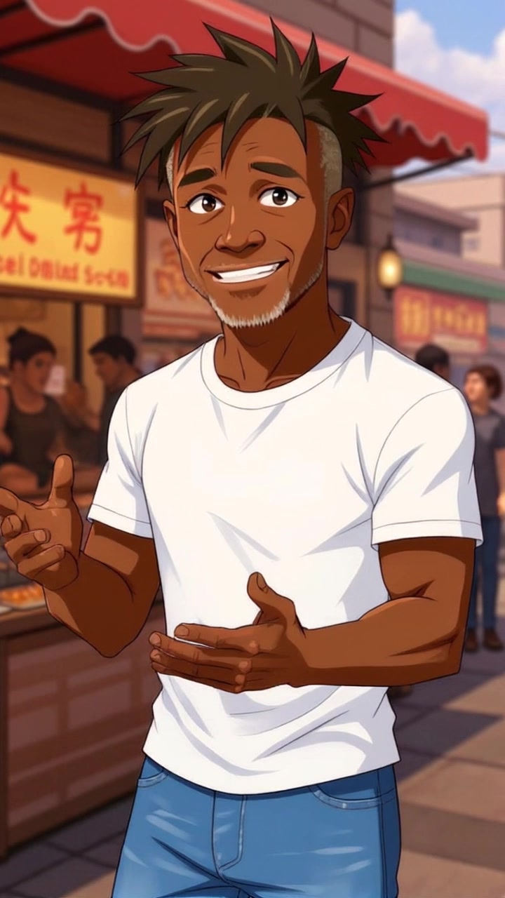 Subject: A person with a playful smile, gesturing expressively. Scene: Close-up of a smiling face engaged in conversation, set against a softly blurred background. Style: Warm, inviting lighting enhances the cheerful expression. Motion: Camera gently pulls back for a wider shot, capturing the animated gestures and smile, as it transitions to reveal more of the surrounding environment.