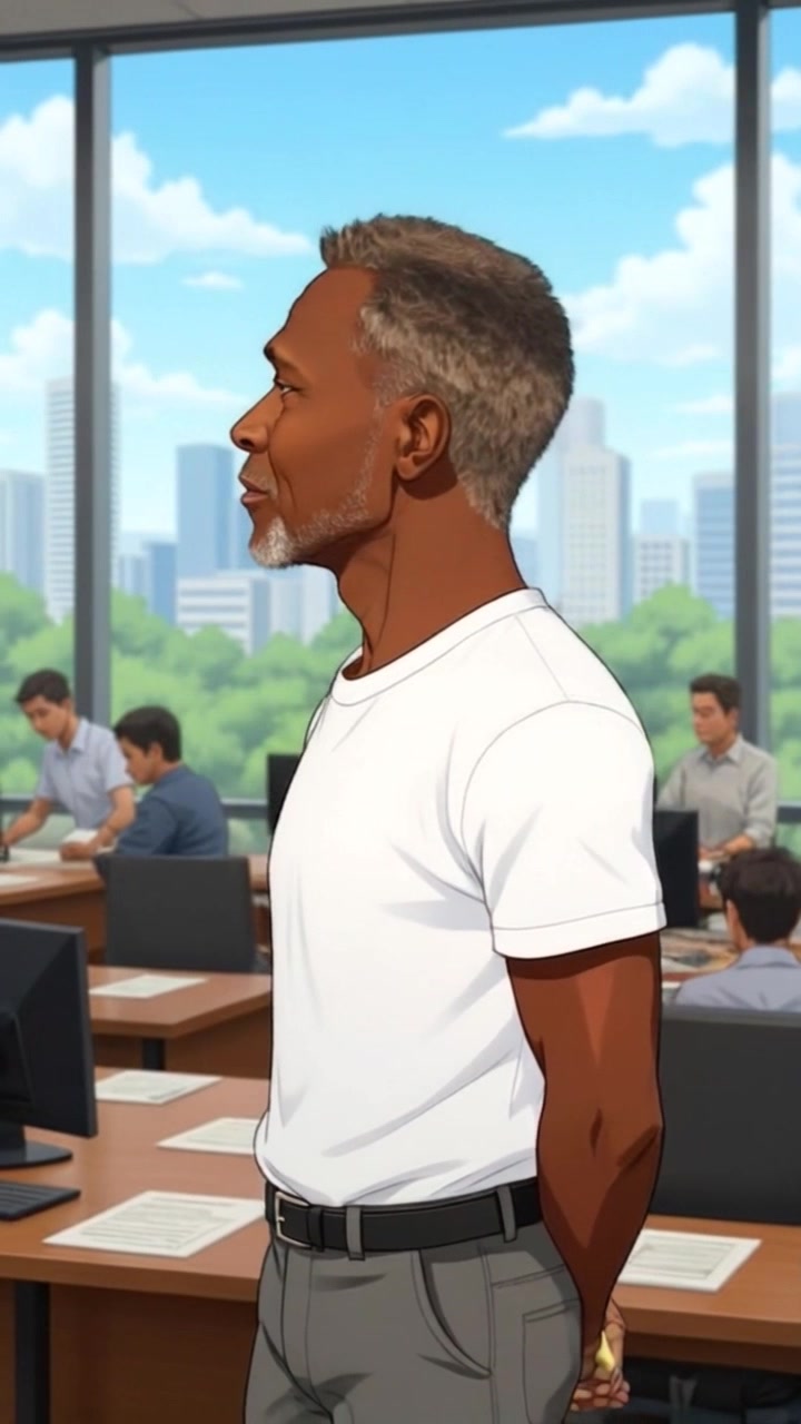Subject: A thoughtful man standing in an office setting, gazing out at the cityscape. Subject movement: The man shifts his weight slightly as he ponders, his expression contemplative. Scene: An office filled with desks, computers, and people working, illuminated by natural light from large windows showcasing a blue sky with clouds. Style: Warm, inviting light streaming in, creating a productive atmosphere. Motion: Camera begins with a close-up of the man, then slowly pulls back to reveal the bustling office environment behind him, emphasizing the vibrant energy of the workspace.