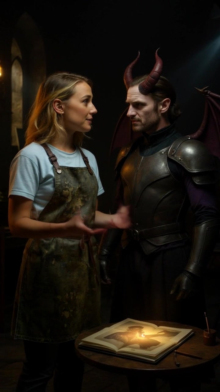 Subject: A young woman and a man dressed as a demon. Subject movement: The woman gestures expressively while discussing elements in the open book, while the demon mimics her movements, leaning slightly toward her with a curious tilt of his head. Scene: An inviting, intimate atmosphere with warm lighting surrounding a round table, cluttered with art supplies and the open book. Motion: A gentle camera push-in that focuses on the faces of the characters, revealing their expressions and the enchanting details in the book, with a soft bokeh effect in the background. Lighting: Warm, inviting light highlighting the characters' features and creating soft shadows. Atmosphere: Creative and collaborative tone, enhancing the magical feel of their interaction.