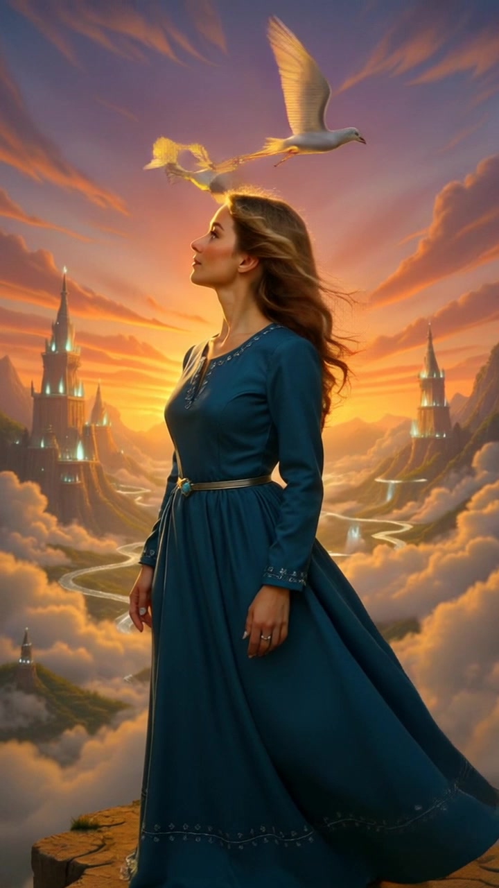 Subject: A person standing on a cliff, gazing up at a dramatic sky filled with moving clouds. Subject Movement: The person is slightly swaying in the wind, creating a sense of contrast against the stable cliff. Scene: A rugged cliff overlooking a turbulent sky, with the ocean visible in the distance. Lighting: A mix of moody gray clouds and occasional rays of sunlight breaking through, creating an atmospheric effect. Motion: The camera slowly pushes in from a distance, capturing the expansive landscape before zooming in gracefully to focus on the figure's expression, while the wind is visibly stirring around her, adding to the drama of the moment.
