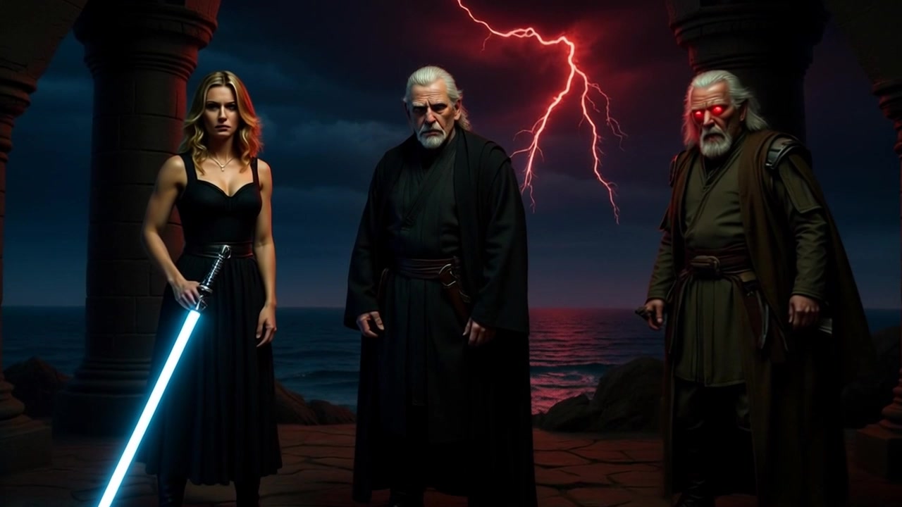 Subject: Three serious-looking characters, a blonde woman in a black dress wielding a glowing blue lightsaber, and two older men in dark robes, one with glowing red eyes. Scene: They stand between large stone pillars overlooking a dark, turbulent ocean at night, under a stormy sky filled with red lightning. Motion: Camera slowly zooms in on the characters, capturing their intense expressions and the electric atmosphere around them as the waves crash violently against the stone. Style: Dramatic lighting from the lightsaber contrasts with the ominous shadows cast by the storm, enhancing the tension in the scene.