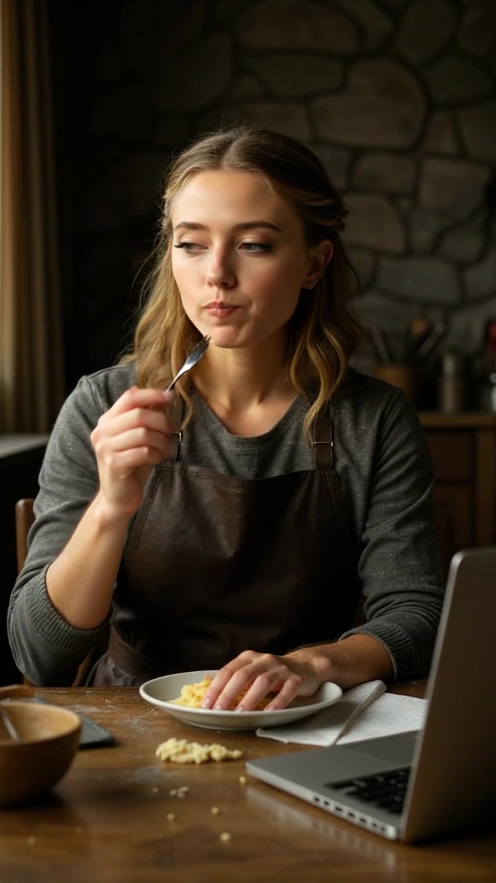 Subject: A young woman thoughtfully enjoying her meal. Subject movement: She lifts a fork to her mouth, pausing to look into the distance. Scene: A cozy kitchen setting with a wooden table, stone wall, and various kitchen utensils, filled with warmth. Style: Soft, ambient lighting creating an inviting atmosphere with subtle shadows. Motion: The camera gently pushes in from a side angle on the table, revealing the laptop and the woman immersed in her meal, capturing the serene moment.