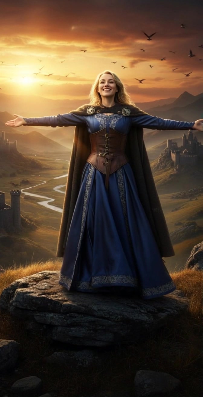 Subject: A young woman in a blue medieval dress and brown corset, standing on a rock with arms outstretched. Subject movement: She joyfully spins as her dark cloak billows around her, basking in the warmth of the golden sunset. Scene: A picturesque mountainous landscape with distant castles, under a vibrant sky filled with flying birds. Style: Golden-hour lighting enhancing the ethereal quality of the scene. Motion: The camera performs a dramatic panning shot, transitioning from the woman to the expansive landscape behind her, capturing the majestic beauty of the moment.