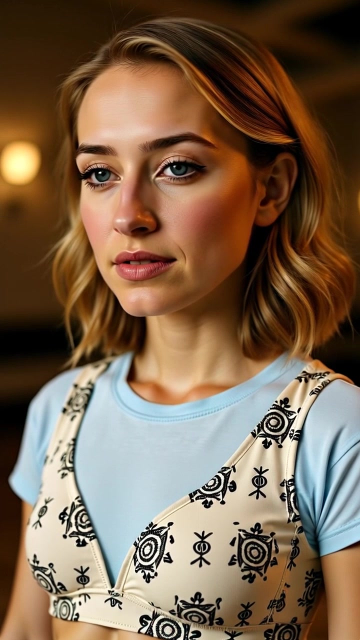 Subject: A young woman with blonde, wavy hair. Subject movement: She shifts her gaze slightly to the side, maintaining a neutral expression. Scene: A softly lit backdrop accentuating her light blue shirt and beige patterned crop top. Style: Low-key lighting creates a moody atmosphere, enhancing the subtleties of her features. Motion: The camera slowly zooms in to capture the expression on her face, with a gentle focus shift accentuating the contrast against the dark background.