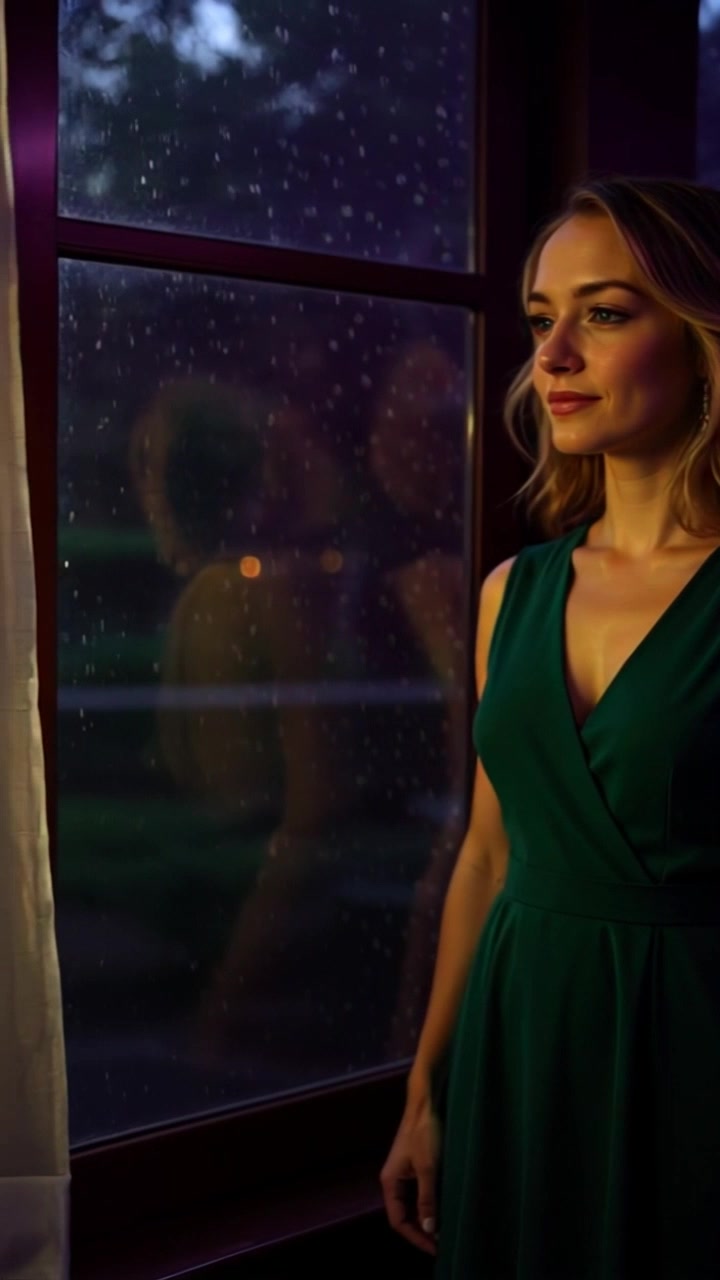 Subject: A young woman with a hopeful expression gazes out a window. Scene: Inside a cozy room awash in the soft, diffused light of early morning, with the gentle outlines of furniture subtly present. Style: Warm morning light filtering through sheer curtains, creating a serene and inviting atmosphere. Motion: Camera starts close on her face, then slowly pushes out to reveal the window and the delicate glow of the morning outside.