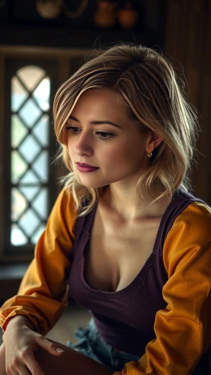 Subject: A person sitting deep in thought. Scene: Ashley is seated alone in a dimly lit room filled with shadows and soft light accents, creating an intimate atmosphere. Style: The lighting is low-key with soft, warm tones, evoking a moody and contemplative feel. Motion: The camera gently pans around Ashley, capturing her expression and the surrounding environment, gradually pulling back to reveal more of the room's details as she sits in introspection.