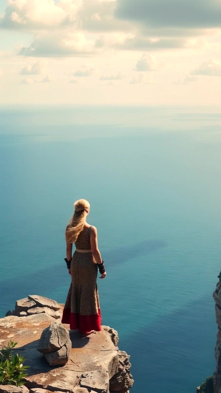 Subject: A person standing on a rocky cliff. Subject movement: The person gazes thoughtfully into the horizon, their hair gently blown by the sea breeze. Scene: A rocky cliff overlooking a vast, shimmering ocean beneath a clear blue sky. Style: Bright, natural daylight illuminating the scene with a serene tone. Motion: Camera begins with a wide shot of the cliff and then slowly pushes in, capturing the vastness of the ocean and the sense of solitude as the character remains still against the grandeur of nature.