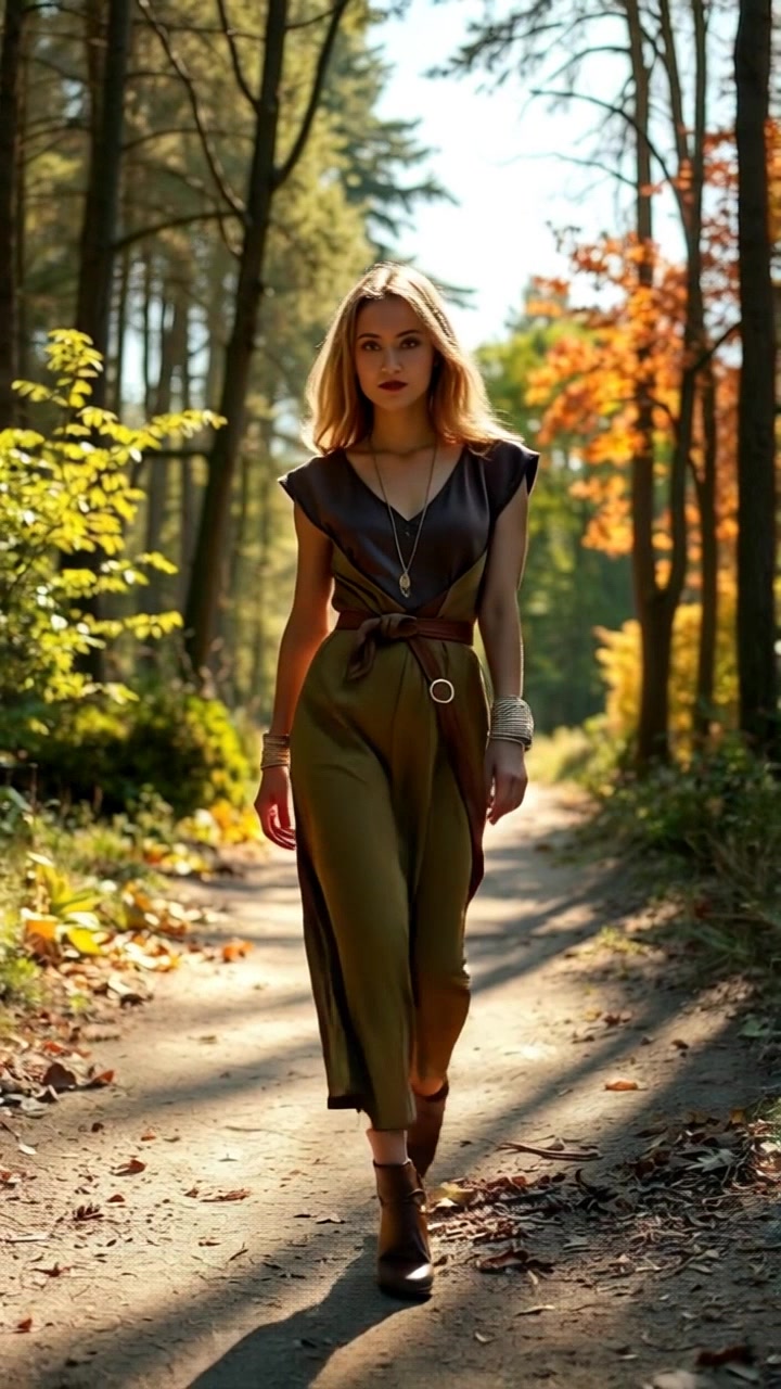Subject: A person walking with purpose. Subject movement: The person strides confidently down a forest path. Scene: Lush green forest path, sunlight filtering through the dense canopy overhead. Style: Soft, dappled sunlight creating a warm and inviting atmosphere. Motion: Camera follows closely behind the person, slowly pushing in to capture the serene beauty of the forest while emphasizing the individual’s determination.