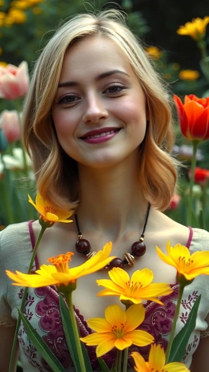 Subject: A young woman named Ashley smiling gently. Subject movement: She faces the camera and slightly turns her head as if enjoying a soft breeze. Scene: Standing in a vibrant garden filled with blooming flowers, with lush greenery surrounding her. Style: Soft, natural lighting filtering through the leaves, creating a warm and inviting atmosphere. Motion: Start with a close-up of her face, then smoothly pull back to reveal more of the colorful garden, while the camera gently pans to highlight various flowers swaying in the breeze.