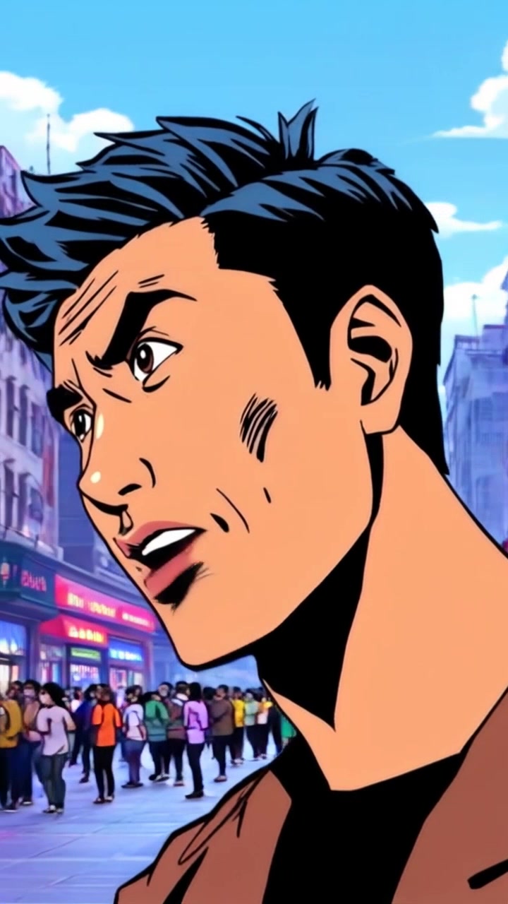 Subject: A person looking around, excited and slightly disoriented. Scene: A bustling street filled with vibrant shops and energetic crowds, capturing the essence of urban life. Style: Bright, midday lighting that enhances the colors and liveliness of the scene. Motion: The camera performs a smooth, handheld tracking shot that circles around the person, highlighting their expressions as they take in their surroundings.