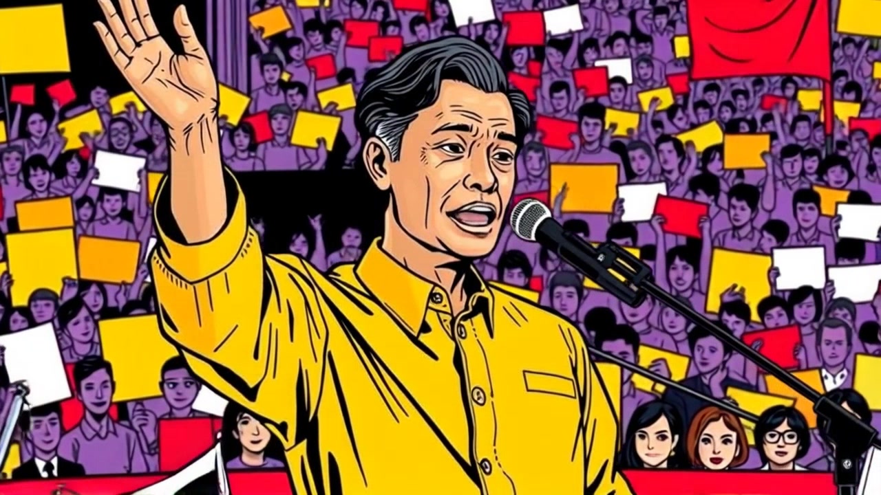 Subject: Hiro standing proudly on a platform, addressing a large crowd at a vibrant rally. Subject movement: Hiro gestures passionately while speaking, his stance confident and commanding. Scene: Energetic rally atmosphere filled with enthusiastic supporters, holding banners and flags in a spacious urban plaza. Style: Bright, midday lighting that creates an uplifting and engaging mood. Motion: Camera pans slowly across the crowd, capturing their reactions and energy, before focusing back on Hiro as he delivers his message with fervor.