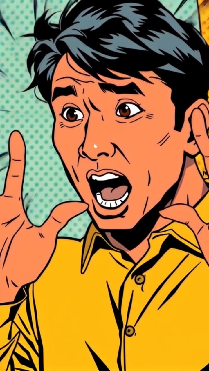 Subject: A person reacting animatedly to a surprising situation. Subject movement: Their hands raised in mock excitement as they lean forward with a wide-eyed expression. Scene: A lively gathering with friends, colorful decorations, and a joyful ambiance. Style: Bright lighting illuminating the scene, enhancing the cheerful and energetic atmosphere. Motion: Camera performs a close-up push in on the person's face, capturing their excitement and the reactions of others in the background.