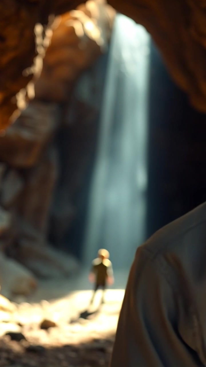 Subject: A determined figure standing at the entrance of a dark cave. Subject movement: The figure steps forward confidently, casting a long shadow into the cave's depths as sunlight illuminates their silhouette. Scene: The entrance of an ancient cave, contrasting dark shadows with the warm light streaming behind the figure. Style: Morning light highlighting the texture of the cave's rocky entrance while creating a dramatic contrast with the darkness within. Motion: A slow dolly push-in towards the figure, capturing their expression of determination before transitioning to a view of the cave's interior.