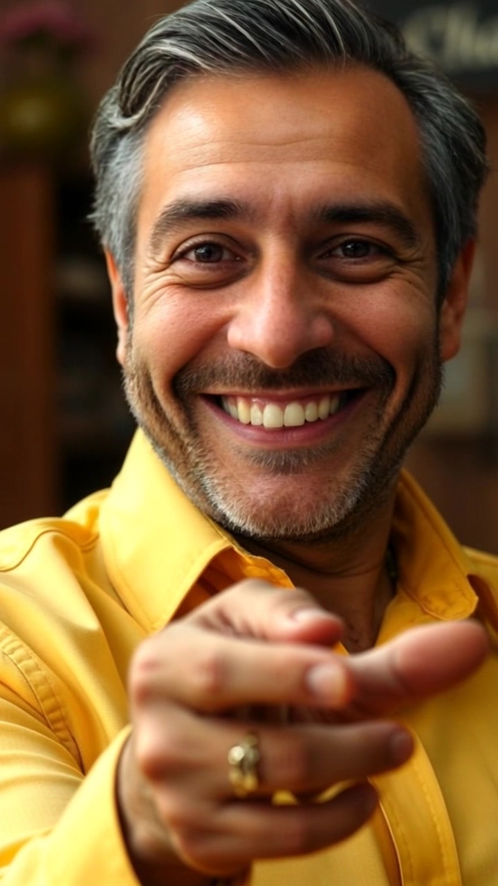 Subject: A welcoming figure smiling warmly. Subject movement: The figure gestures invitingly towards an unseen audience off-camera, creating a sense of engagement. Scene: An intimate setting that radiates warmth, with soft background elements enhancing the friendly atmosphere. Style: Soft, natural lighting highlights the figure's facial features, while a slightly blurred-background adds depth. Motion: Camera slowly zooms in on the figure's face, capturing the genuine emotion and inviting gesture.