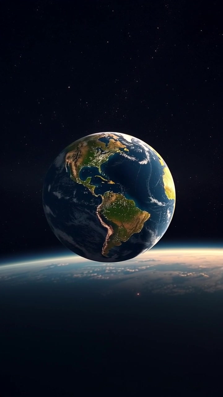 Scene: A breathtaking view of Earth from space, slowly rotating against a backdrop of twinkling stars. Style: Ambient light illuminating the planet's surface with soft blues and greens, punctuated by glowing city lights at night. Motion: The camera performs a slow, graceful orbit around the planet, capturing its rotation and the shimmering starfield in the distance.