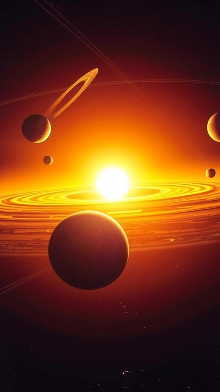 Scene: A breathtaking panoramic view of the solar system, showcasing planets in their orbits around the vibrant sun, with Earth prominently in the foreground. Style: Ethereal and vast, with bright celestial bodies against the deep blackness of space. Motion: The camera slowly rotates around the solar system, capturing the dynamic movements of the planets as they revolve, while gently zooming in on Earth to highlight its lush blues and greens.