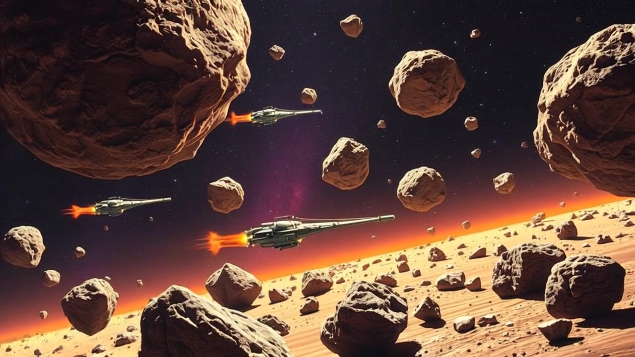 Scene: An asteroid belt in the depths of space, where mining ships and various equipment are actively extracting resources from the rocky asteroids, showcasing intense human activity. Style: Ambient lighting from distant stars twinkling in the vastness of space, creating a mysterious yet industrious atmosphere. Motion: The camera performs a sweeping dolly shot, gliding through the asteroid field while dynamically framing the bustling mining operations and the colossal asteroids, giving a sense of scale and movement as ships navigate between them.