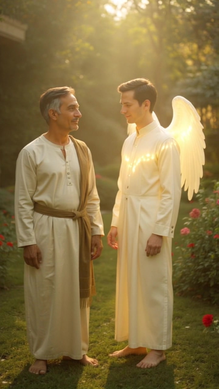 Subject: Two barefoot men standing in a serene garden, one adorned with glowing angel wings. Subject movement: The men shift slightly, indicating a gentle breeze as the sunlight filters through the trees. Scene: A vibrant garden bathed in dappled sunlight, with lush greenery surrounding the figures. Style: Soft, warm lighting highlighting the ethereal quality of the scene. Motion: The camera slowly pans around the men, capturing the delicate interplay of light and shadow against the garden backdrop, accentuating the tranquility of the moment.