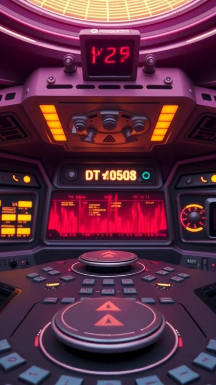 Scene: A close-up of a spaceship's control panel filled with blinking warning lights and intricate buttons, highlighting the futuristic technology. Style: Low-key ambient lighting with sharp contrasts due to the glowing indicators. Motion: The camera smoothly pushes in towards the panel, creating a sense of urgency as the lights pulse rhythmically, accentuating the tension of the scene.