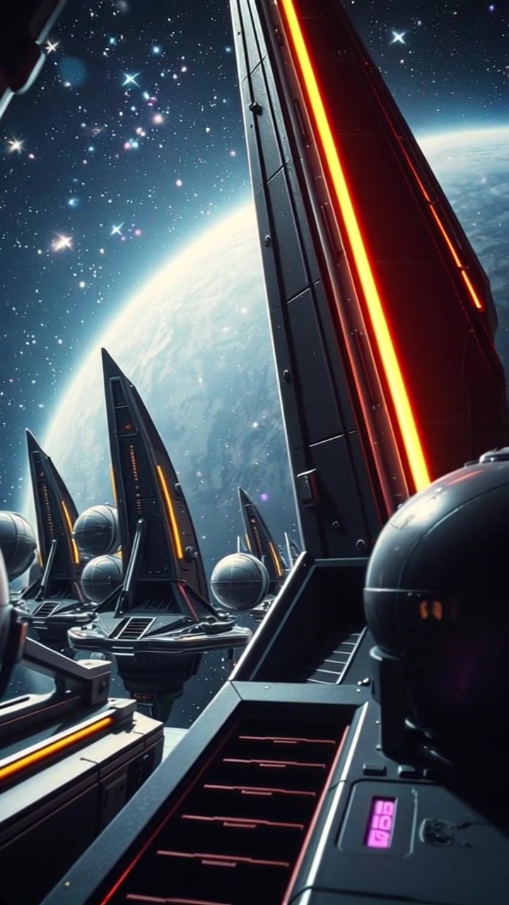Scene: A breathtaking view of the Verona space station, showcasing its sleek metallic structures set against a vast starry cosmos. Style: Illuminated by ambient starlight, the scene exudes a futuristic ambiance. Motion: The camera slowly pans around the space station, capturing its intricate designs as it glistens in the cosmic light, while distant stars twinkle in the deep background.