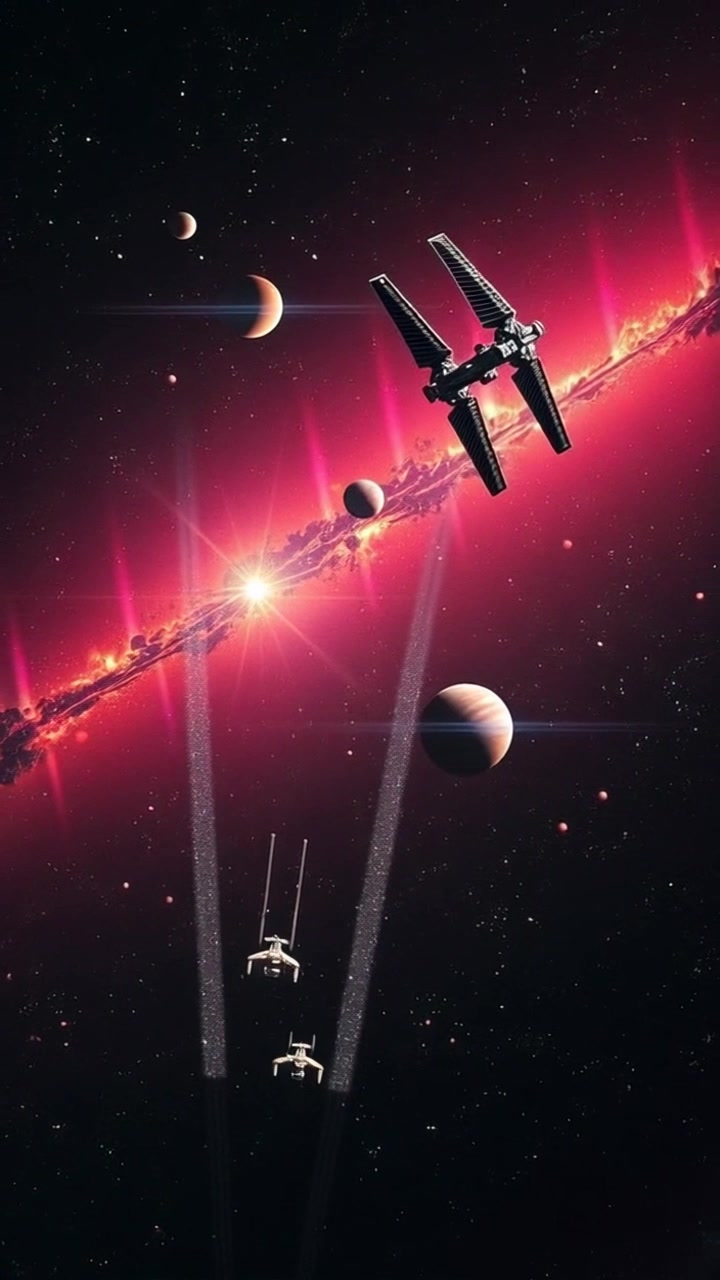 Scene: A breathtaking view of the vast cosmos, with stars twinkling and planets glowing in the background, featuring two distant space stations drifting apart in serene silence. Style: Deep-space lighting highlighting the colors of the cosmos, with dramatic contrasts between the bright stars and the dark void of space. Motion: The camera slowly zooms out to reveal the scale of the cosmic expanse, with a gentle panning motion to capture the separation of the space stations, enhancing the sense of isolation in the universe.