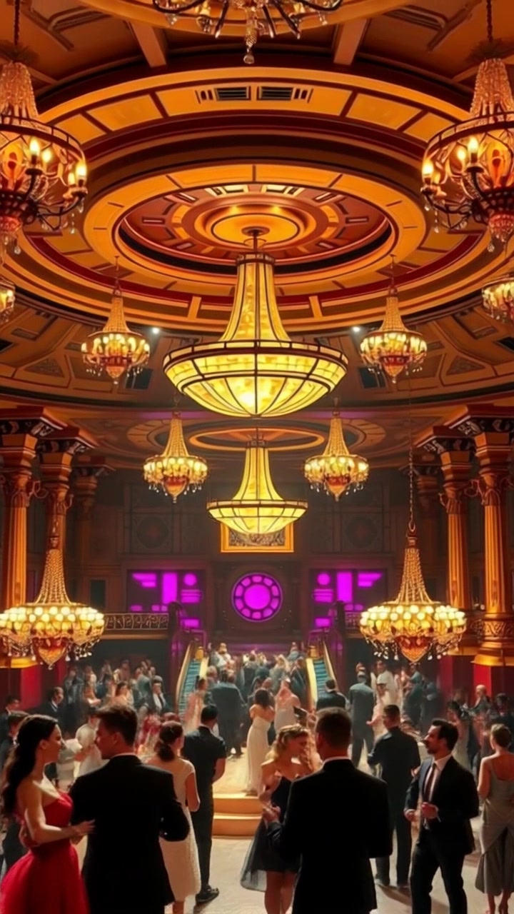 Scene: A grand ballroom at Verona Station, adorned with opulent chandeliers, filled with elegantly dressed guests dancing gracefully. Style: Warm, ambient lighting accentuates golden accents and creates a festive atmosphere. Motion: The camera elegantly glides through the ballroom, capturing panoramic views of swirling couples and stunning décor, before slowly spinning upward to reveal the chandeliers shimmering above.