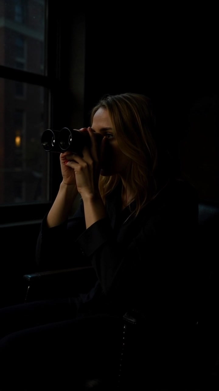 Subject: A woman with light brown hair sitting by a window. Subject movement: She shifts slightly in her seat while intently looking through binoculars. Scene: A dimly lit room bathed in soft shadows, with the glow of evening light filtering through the window. Style: Warm, ambient lighting creating a cozy yet mysterious atmosphere. Motion: The camera subtly pushes in for a closer view, capturing the woman's concentrated gaze as she scans the outside world through the binoculars.