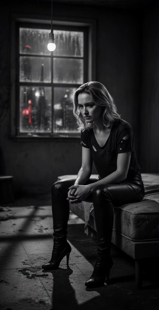 Subject: A young woman with shoulder-length hair, dressed in a ripped black t-shirt and leather pants, sits pensively on the edge of a bed. Scene: Dimly lit, rundown room with a single light bulb hanging from the ceiling and a rain-soaked window in the background. Motion: The camera slowly pushes in on the woman, capturing the subtle shifts in her expression as she gazes out at the rain, while the ambient light highlights the textures of the room, creating a moody, introspective atmosphere.