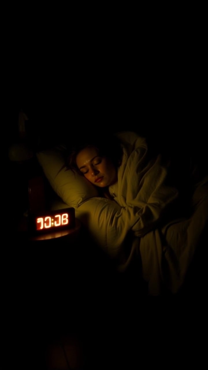 Scene: A person sleeping peacefully in a dimly lit bedroom, cocooned in a soft blanket, with a glowing digital clock displaying 78:20 beside them. Style: Soft, ambient lighting creates a tranquil atmosphere, enhancing the serene mood of the scene. Motion: The camera gradually zooms in on the sleeping figure, capturing the gentle rise and fall of their breath, while the soft glow of the clock provides a calming focal point.